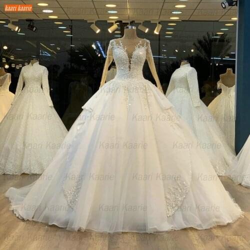 Long Sleeves Wedding Dress 2021 Ball Gown Vestido De Noiva O Neck Lace Appliqued Beading Bride Dresses Real Photos Suknia Slubna