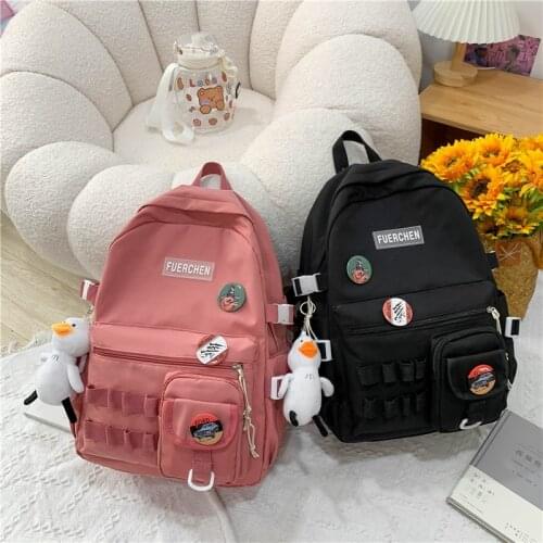 Solid Color Fashion Women Backpack Cute Pendant School Bag For Girls Nylon Large Capacity School Backpack With Many Pockets