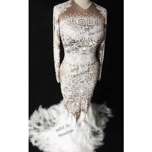 Sumptuous shimmering white print rhinestone feather mop dress birthday party nightclub bar concert DJ singer/dancer costume