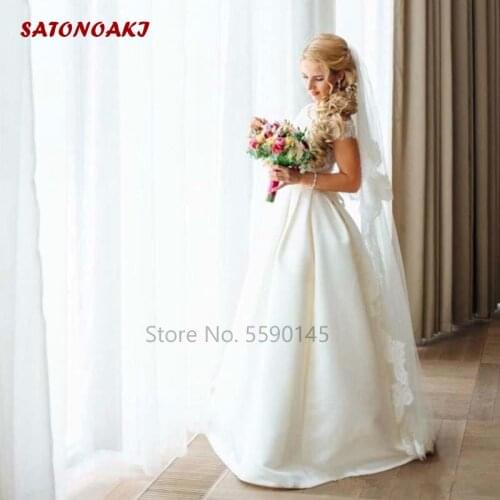 Princess A-line Satin Wedding Dress Lace Appliques Off The Shoulder Bridal Gown White Ivory Vestido De Novia 2020 Robe Mariage