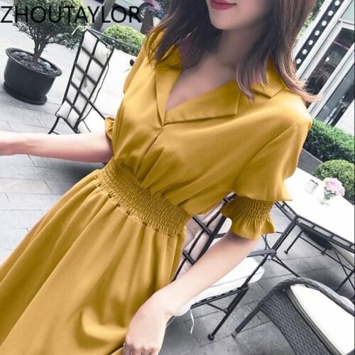 ZHOUTAYLOR Woman Dress Fashion A-LINE Mid-Calf Femme Dresses Puff Sleeve Summer New Notched Coller Solid Female Vestidos S0306