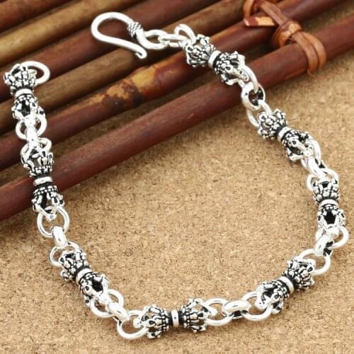 Handmade 925 Siilver Tibetan Dorje Bracelet Vintage Sterling Silver Buddhist Vajra Symbol Chain Bracelet Pure Silver Bracelet