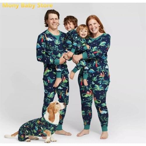 Animal Print Family Matching Costume Baby Boys Dinosaur Sleepwear Kids Christmas Pyjamas Mommy Daddy and Me Playsuit with Dog