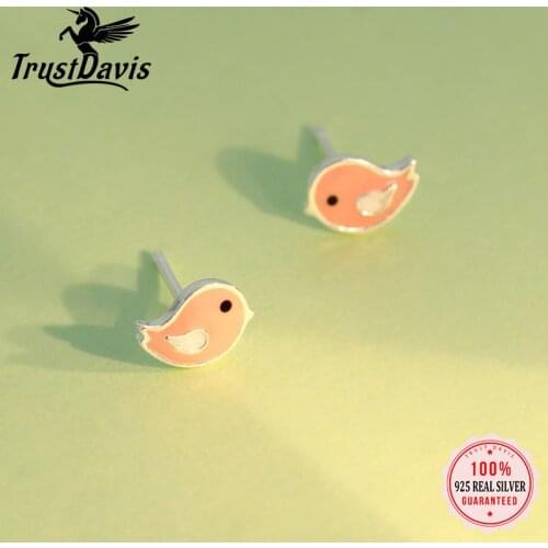 Trusta 100% 925 Soild Sterling Silver Earring Fashion Glaze Pink Birds 8mmX6mm Stud Earrings Gift For School Girls Kids DS616