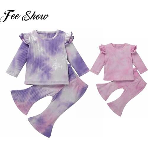 Spring Clothes Kids Girls Tie-dye Outfits Long Sleeve Ruffle T-Shirt Tops Bell Bottom Pants Flared Trousers Ribbed Knitted Sets