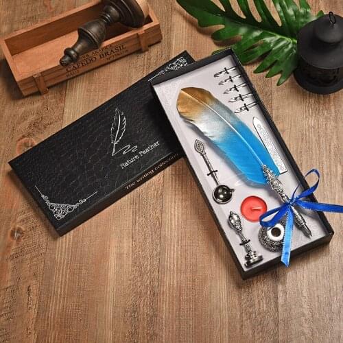 Vintage Fountain Pen English Calligraphy Feather Pen Writing Candle Lacquer Feather pen Set Gift Box for Wedding Christmas Gift