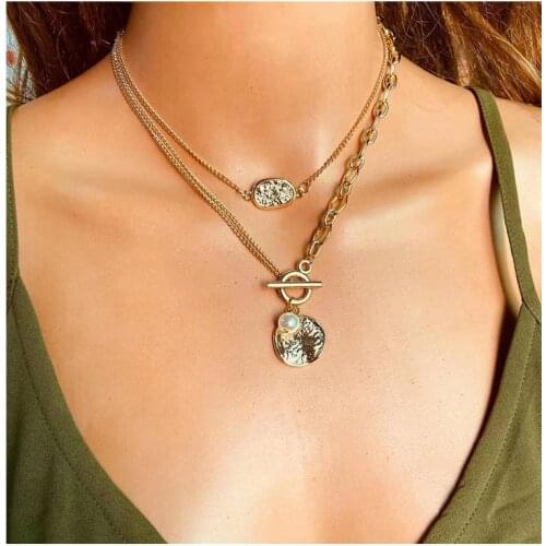 Vintage Necklace & Pendant Double Layer Gold Metal Round Corss Pearl Pendant Party Jewelry Collier Punk Chain Choker for Women