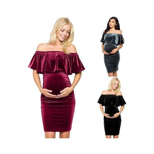 Explosion models pregnant comfortable autumn stitching gold velvet word shoulder ruffle fashion maternity dress A word dress