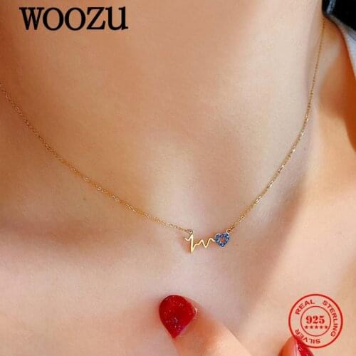 WOOZU 14k Gold Plated 925 Sterling Silver Sweet Love Heart Blue Zircon Wave Pendant Necklaces For Women Charm Party Jewelry Gift