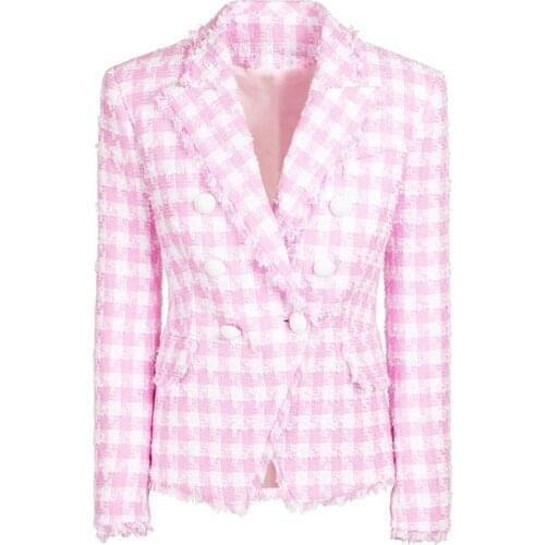 Women Blazer Pink Houndstooth Woolen Jacket 2021 Autumn Winter New Double Breasted White Button Fringed Suit Blazer Dropship