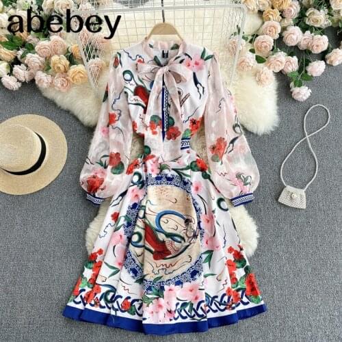 Women Elegant Print Dress Long Sleeve Bow Collar A-line Dresses Spring Bohemian Vacation Midi Dress