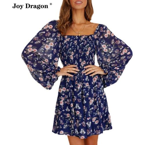 Women Long Sleeves Dress New Square Collar Loose Tight Waist Printed Pleated Skirt 2021 Autumn Mini Print Dresses Elegant Party