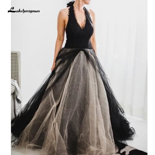 Black Lace And Beige Tulle Wedding Dresses Sexy V Neck Backless Sleeveless Gothic Bridal Gowns Custom Made vestido de novia