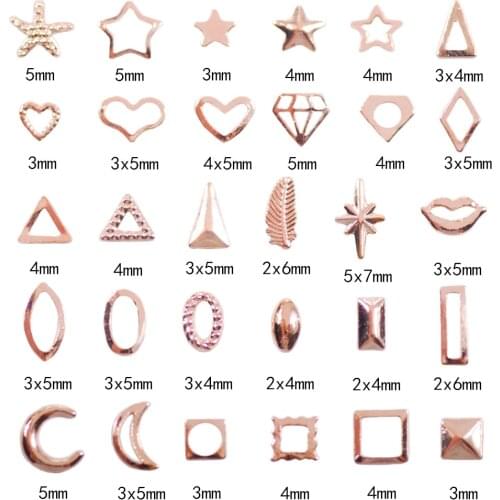 1000Pcs Nail Art Hollow Rivet Studs Rhinestones Metal Rose Gold Multi-Shapes Fashion Nail Piecing Charms For Nail Art Supplies