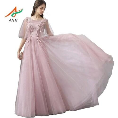 ANTI Fast Shipping Elegant Evening Dress Pink Pearls Flower Vestidos De Fiesta De Noche Backless Floor Length A-Line Party Gown