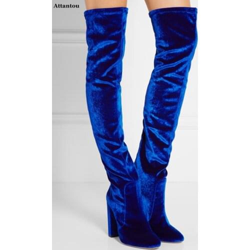 STARS LOVES royal blue velvet over the knee boots high heel Stretch Fabric fastening long boots dropship women dress wedge heels