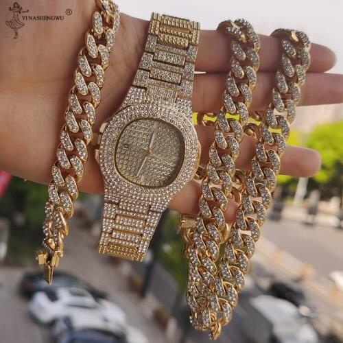 Iced Out Necklace +Watch+Bracelet Hip Hop Miami Curb Cuban Chain Paved Rhinestones CZ Bling Rapper Singer For Men Woman Jewelry