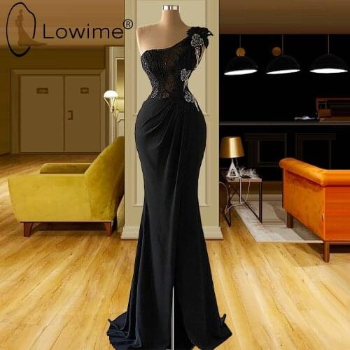 Black One Shoulder Mermaid Evening Dresses Illusion Split Long Evening Gowns Custom Made