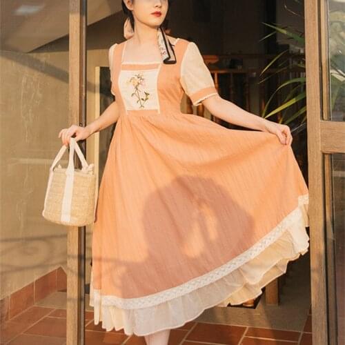 Dress French Sweet Retro Gentle Flower Embroidered Lace Square Neck Elegant Puff Sleeve Ruffled Cute Fairy Dress