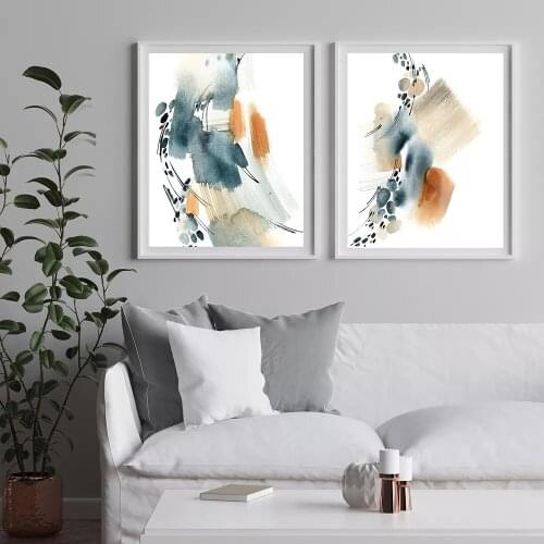 Blue Rust Watercolor Art and Abstract Line Canvas Painting Poster and Print Wall Art Pictures for Living Room Home Decor Cuadros
