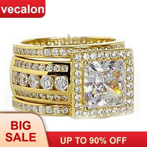 Vecalon Princess cut 3-in-1 ring set Yellow Gold Filled 925 Silver 5A Zircon Cz Engagement wedding Band rings for women Men Gift