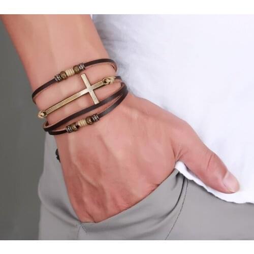 Leather Cross Bracelets & Bangles For Women Men Jewelry Size Adjustable Bohemia Rope Chain Leather Bracelet