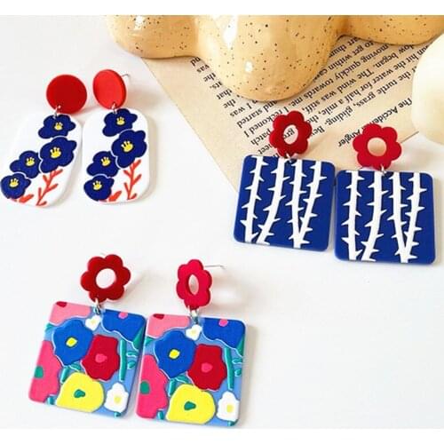 Summer Vintage Drop Acrylic Earrings Dangle for Women Retro Ethnic Painted Print Earings Embossed Square Geometric Ear Jewelry