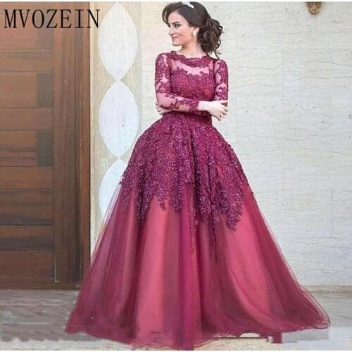 MVOZEIN Muslim Evening Dress 2020 Ball Gown Long Sleeve Tulle Beaded Islamic Dubai Saudi Arabic Evening Gown Prom Formal Dress
