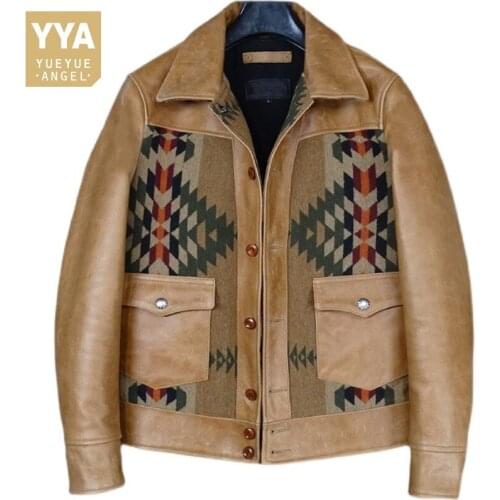 Retro Cowboy Oil Wax Cowhide Genuine Leather Jacket Men Slim Single Breasted Patchwork Lapel Motorcycle Coat Male Plus Size 5XL