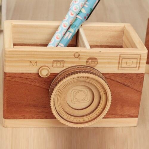 Office Creative Camera Wooden Pencil Holder Home Desktop Stationarys Makeup Organizer Pen Holder Desk For Kids Womens