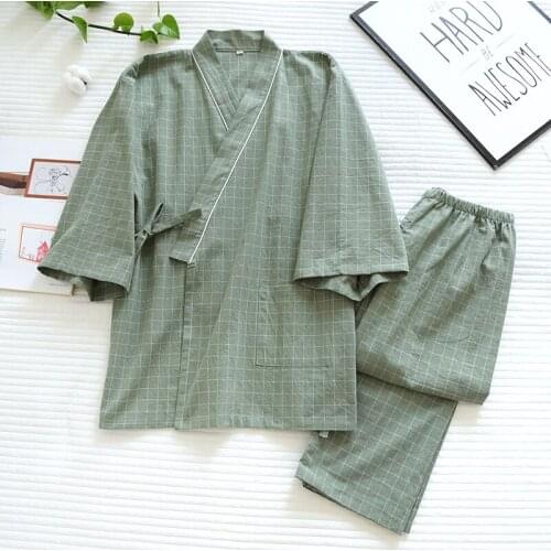 Spring Couple Plaid Kimono Pajamas V-Neck Three Quarter Sleepwear Thin Men and Women Washed Cotton Pijamas 2 Piece Home Clothes