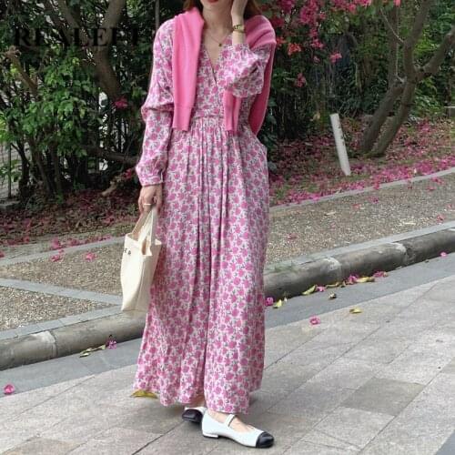 REALEFT Vintage Floral Print Womens Long Dress Summer 2021 New Long Sleeve Chic Cross V-Neck Casual Loose Beach Dress Pockets