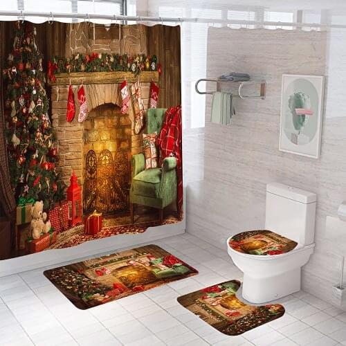 Merry Christmas Shower Curtains Bathroom Curtain Set Fireplace Christmas Tree Socks Toilet Lid Cover Non-Slip Mat Bath Rug Sets
