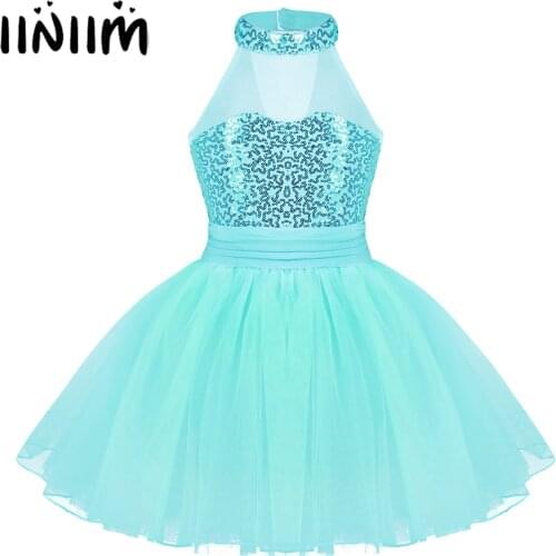 Iiniim Girls Dance Dress Mesh Splice Sequins Ballet Dance Class Dancewear Gymnastics Leotard Kids Ballerina Tutu Toddler Dress
