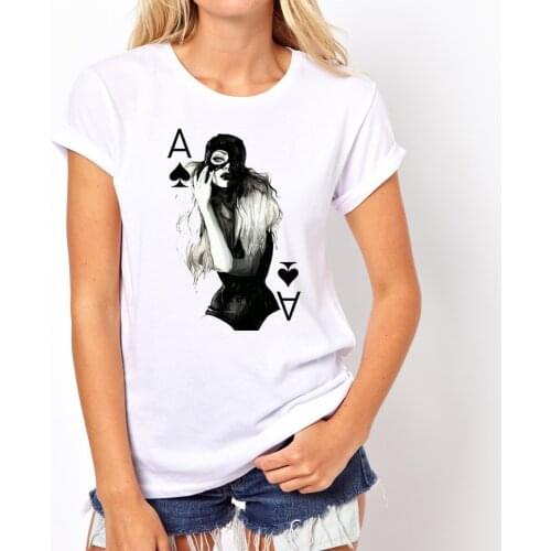 Zuolunouba Summer White Cotton Tees Female Casual Tops Short Sleeve Cartoon Sexy Girl Spades A Harajuku O-neck Women T-shirts