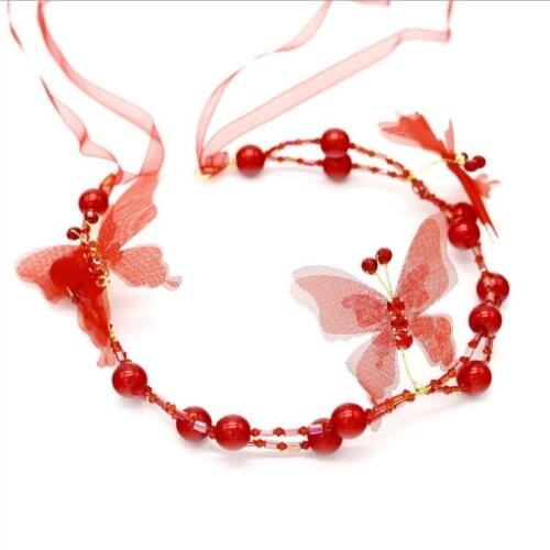 Women Pearl Butterfly Headband Hairband with Ribbon Crystal Bride Headdress Hair Jewelry Accessories Bridal Wedding Headpiece