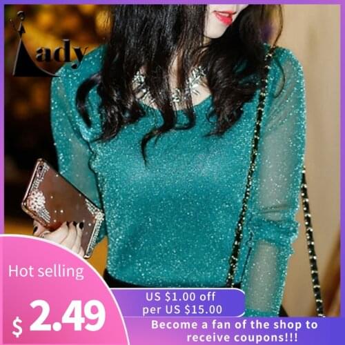 2021 Spring Summer Womens Sexy See Through Mesh Blouse Long Sleeve Transparent Shining Elegant Shirt Fashion Women Tops