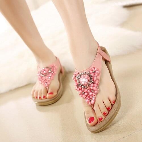 2020 NEW Women`s Beach Shining Rhinestones Shoes Summer Bohemia Diamond Sandals T-strap Thong Flip Flops Comfortable Boho Shoes