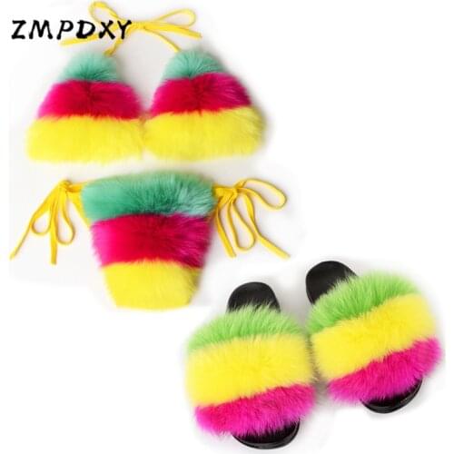 Womens Fox Fur Slippers Ladies Rainbow Raccoon Fur Bikini Sets Bra Female FurSlides Sexy Biquini Swim Suit Underwear Detachable