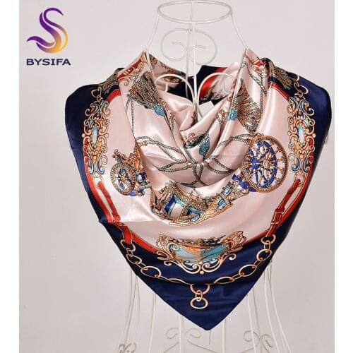 [BYSIFA] Women Navy Blue Silk Scarf Shawl Winter New Plaisley Square Scarves Wraps 90*90cm Spring Autumn Muslim Head Scarf Cape