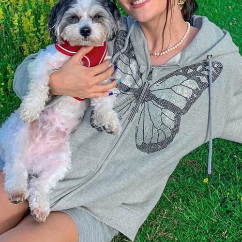 2021 Autumn And Winter Womens New Casual Tops Butterfly Hot Diamond Printing Long-sleeved Hooded Sports Sweater Zipper Cardigan