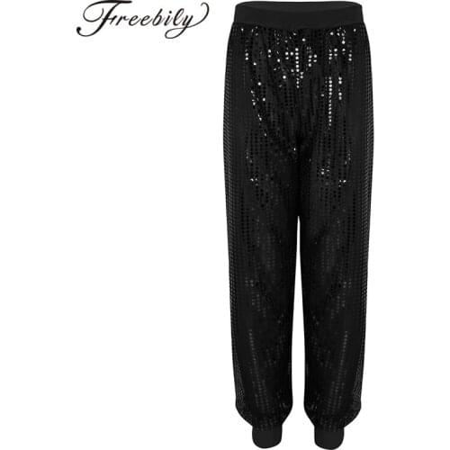 Womens Fashion Performance Glitter Sequins Hip Hop Dance Costume Shinny Bloomers Leopard Party Clubwear Harem Pants