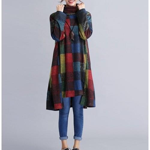 Plaid Shirt Dress 2019 Autumn Women Casual Long Sleeve Vintage Loose Female Turtleneck Oversized Pullover Vestidos DD1683 S