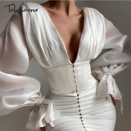 Tobinoone White Solid V Neck Mini Dress Women Sexy Mesh Long Petal Sleeves Ruched Bodycon Dress Female Party Club Vestidos 2021