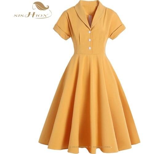 SISHION 2021 Spring New Short Sleeve Yellow Dress VD1759 A Line Swing Summer Vintage Hepburn Style Retro Midi Dresses