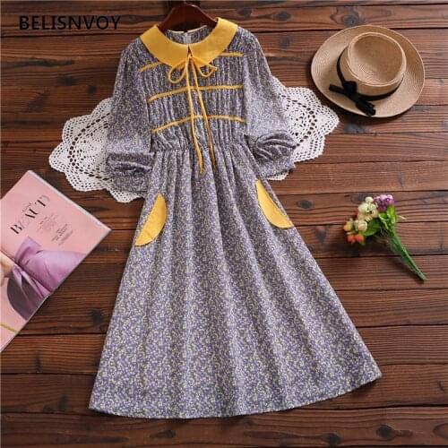 Sweet Peter Pan Collar Chiffon Dresses Autumn Spring Elastic High Waist Floral Printed Party Vestidos Elegant 2021 Women Dress