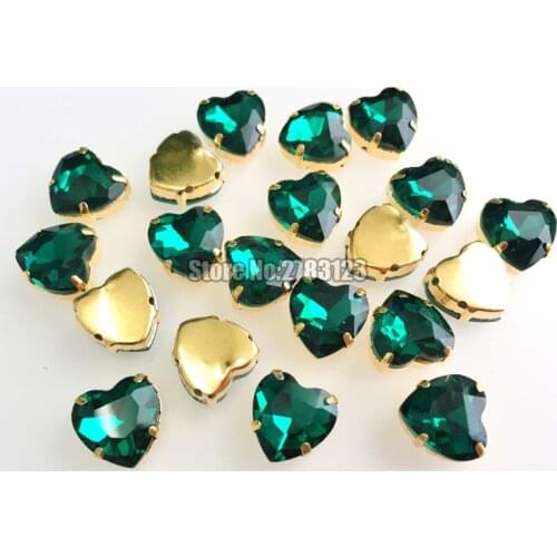 Gold bottom malachite green heart shape AAA Glass Crystal sew on claw rhinbestones use for diy/Clothing accessories SWHJ05