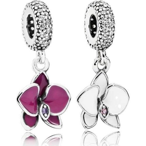100% Real 925 Sterling Silver Charms Purple And White Orchid Dangle Charms Fit Original Brand Bracelet Diy Jewelry