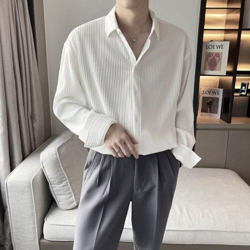 2021 Autumn Mens Shirt Crimping Process Loose Long Sleeve Casual Shirt Streetwear Social Men Clothing Comfortable Harajuku Tops