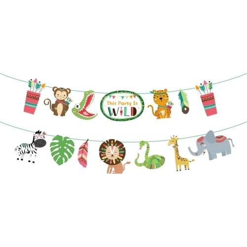 Baby Shower Cartoon Wild Animals Party Decoration Happy Birthday Banners Wall Hanging Bunting Kids Woodland Birthday Party Favor